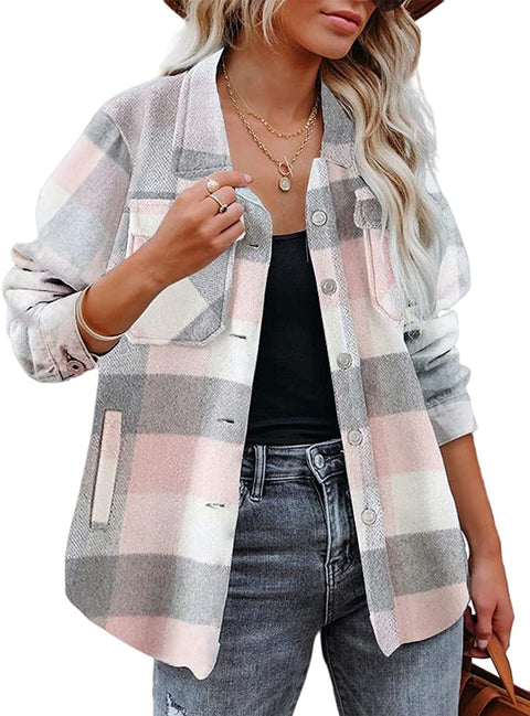 Yousify Womens Button-Down Plaid Jacket Lapel Long Sleeve Shacket Coat Casual Outwear with Pocket