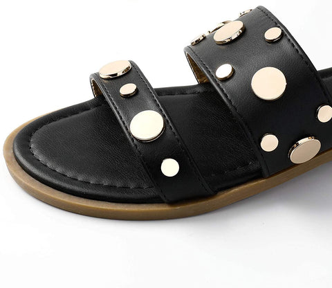 SANDALUP Rivets Studded Flat Sandals Open Toe Summer's Sandals for Women