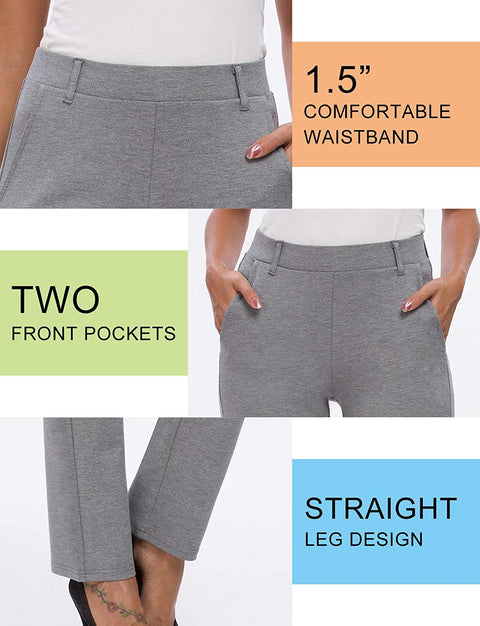 Women’s Bootcut Pull-On Dress Pants Office Business Casual Yoga Work Pants with Key Pocket Straight Leg, Pocket-Grey Large