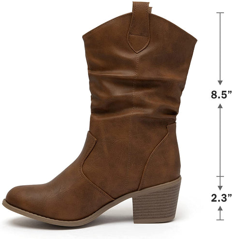 Katliu Women's Western Cowboy Boots Slouchy Chunky Heel Mid-Calf Boots with Pull-Up Tabs