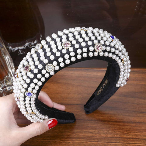AWAYTR Velvet Padded Pearl Embellished Headband Large Padded Velvet Races Goth Wedding Headpiece for Women (black-1)