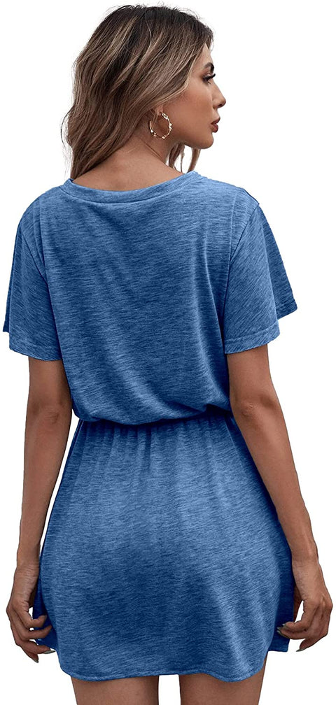 Casual T-Shirt Mini Dress Crew Neck Short Sleeve Summer Soft Loose Swing Dresses