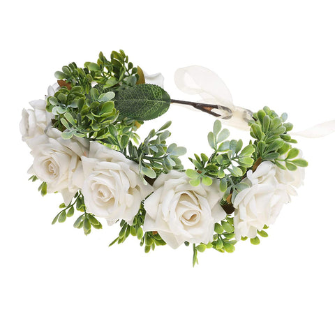 AWAYTR Flower Crown Headband Rose Wreath Leave Flower Adjustable Ribbon Headband Wedding Festival Headdress for Girls (White)