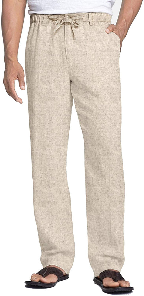 Men's Linen Pants Casual Elastic Waist Drawstring Beach Trousers