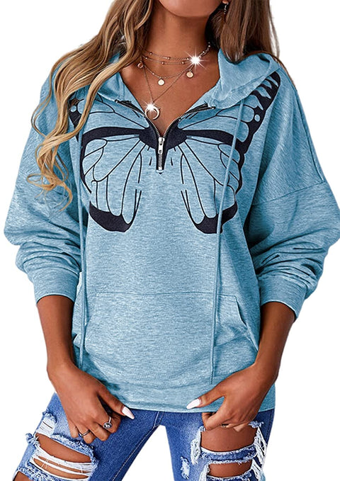 Zwurew Women Print Butterfly Long Sleeves Hoodie Top Casual Zip Collar Sweatshirt Pullover With Pocket