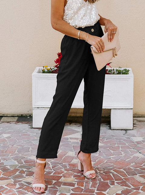 Womens Casual Loose Pants Comfy Cropped Work Pants with Pockets Elastic High Waist Paper Bag Pants