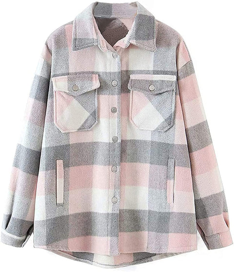 Yousify Womens Button-Down Plaid Jacket Lapel Long Sleeve Shacket Coat Casual Outwear with Pocket