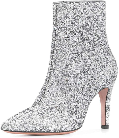 Women Chic Sparkle Glitter Ankle Boots Pencil Heel Zip Up Pointy Toe Fashion Short Booties Size 4-15 US