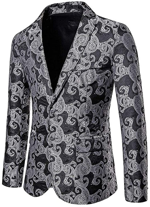 Men's Business Casual Breasted Two Button Coat Stylish Long Sleeve Printed Lapel Blazer
