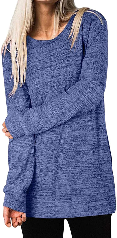 Women Loose Side Split Tunic T Shirt Casual Long Sleeve Sweatshirt Top with Pockets