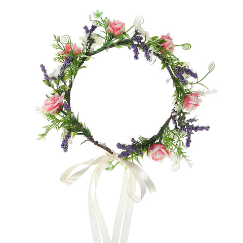 Leaf Flower Crown Garland Headpiece - Handmade Hair Garland Floral Wreath Adjusatble Flower Headbands for Bridal Wedding Festival Party Flower Leaves Crown (Pink + White)