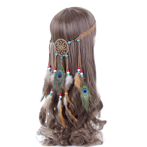 Hippie Headband Feather Dreamcatcher Headdress - AWAYTR Boho Feather Headwear Feather Headpiece Hippie Peacock Feather Festival Hair Band (Brown)