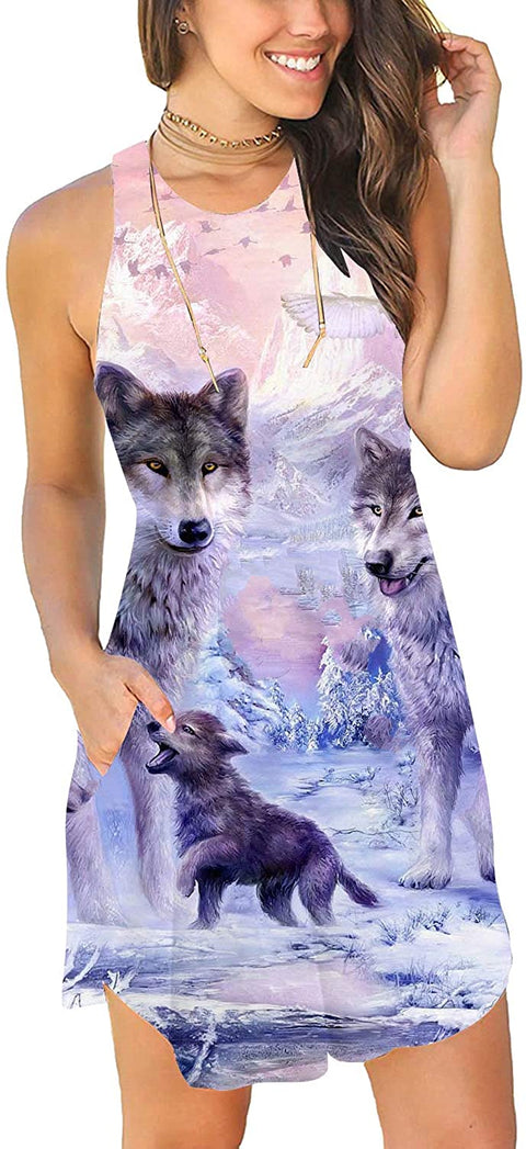 KYKU Wolf Dresses for Women T Shirt Sundress Swimsuit Cover Ups with Pockets