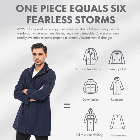 Men's Trench Coat AIYIMEI Windbreaker Jacket Men Waterproof Jacket Men's Slim Fit Long Overcoat
