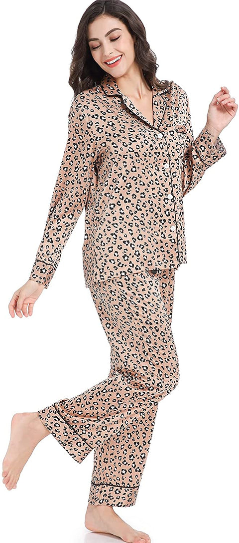 Women's Satin Pajama Set 2-Piece Sleepwear Loungewear Long Sleeve Button Down PJ Set