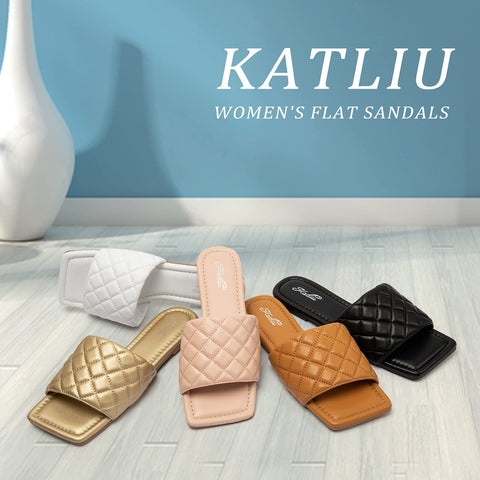 Women's Square Open Toe Flat Sandals Slip On Slide Sandals Woven Strap Flat Sandals