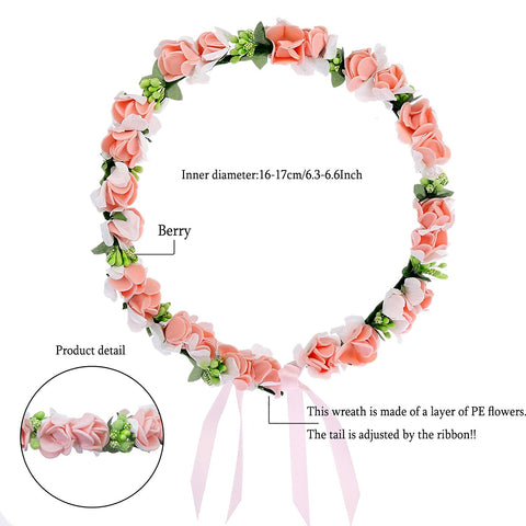AWAYTR Flower Wreath Headband Floral Crown Garland Halo for Wedding Festivals (Peachy Pink)