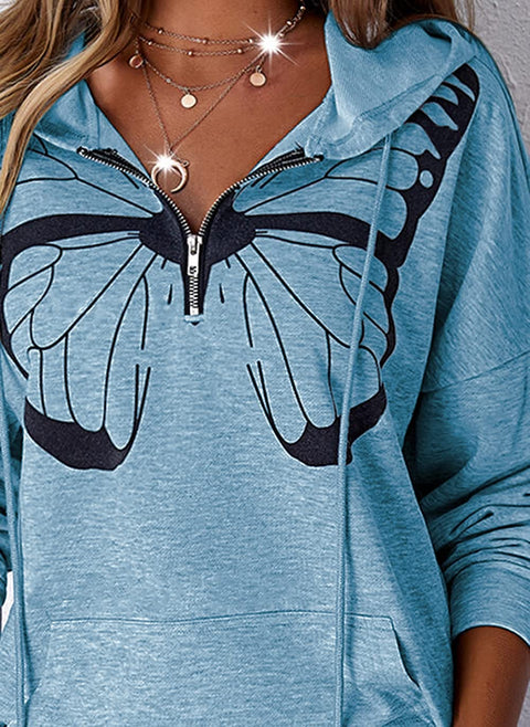 Zwurew Women Print Butterfly Long Sleeves Hoodie Top Casual Zip Collar Sweatshirt Pullover With Pocket