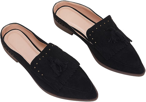 Ruanyu Womens Backless Mules Sandals Flat Pointed Toe Slip On Studded Tassel Comfortable Penny Loafers