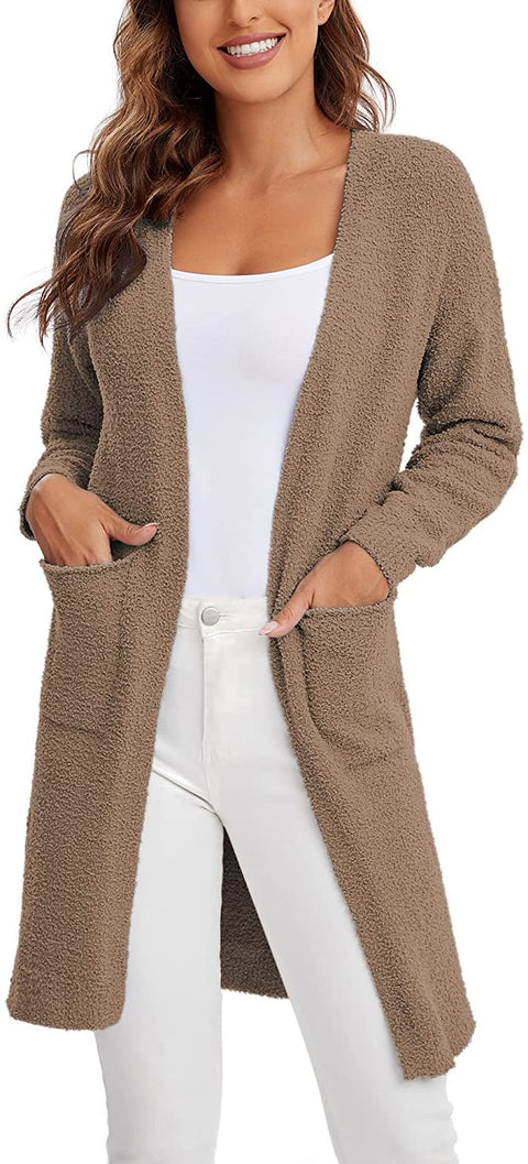 Women's Long Sleeve Chunky Open Front Sweater Cardigan Coat with Pockets