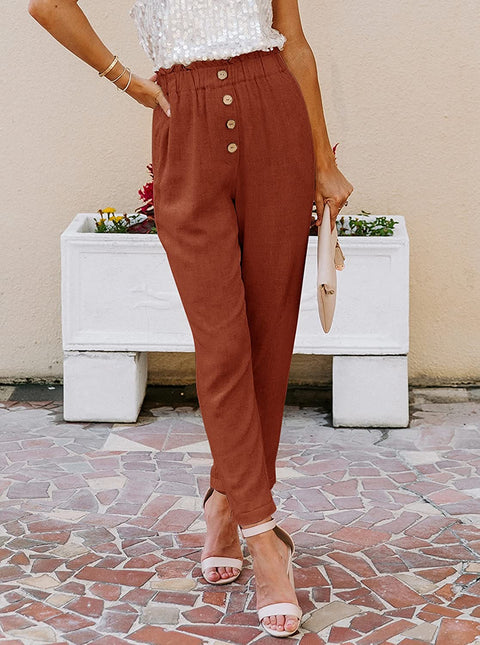 High Waisted Pants for Women Summer Beach Pants Cotton Linen Like Pull On Pants Ladies Paper Bag Pants Work Pants with Pockets Rust Red Medium