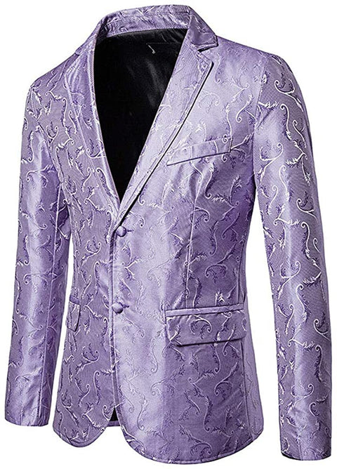 Men's Printed Embroidery Relaxed Breasted Two Button Blazer Casual Notched Lapel Party Stylish Coat