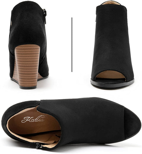 Katliu Women's Wedge Heel Booties Peep Toe Ankle Boots Side Zipper Suede Ankle Boots