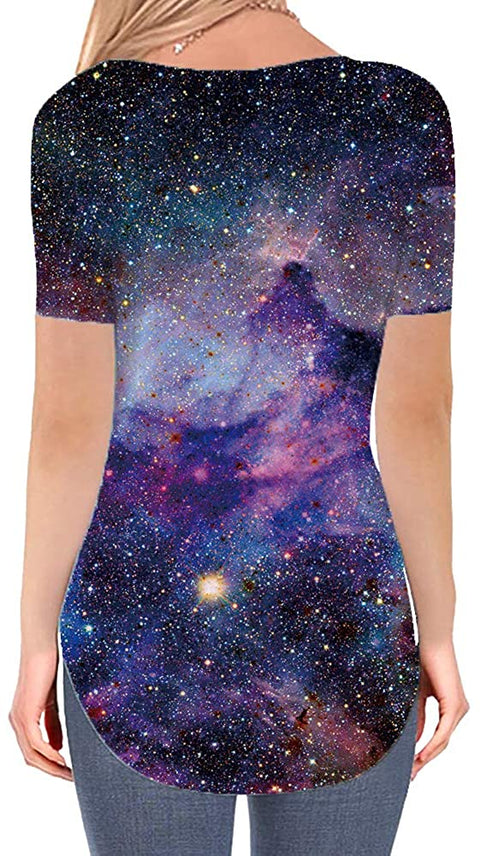 Galaxy T Shirts for Women Space Print Side Slit Curved Hem V Neck T-Shirts