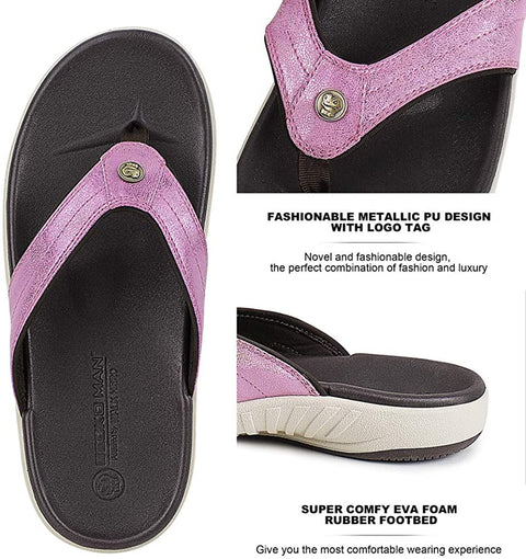 Flip Flops for Women with Arch Support - Memory Foam Flip Flop Thong Sandals Orthotic Sandal for Women with Non-Slip Rubber Sole and Metallic PU Leather Straps
