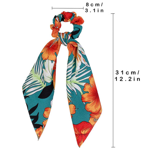 AWAYTR Chiffon Ponytail Hair Scarf Scrunchies - 4 Packs Flower Cashew Leopard Ripple Point Elastic Hair Ties Bow for Women (Gray + Green + Navy + Black)