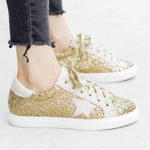 Womens Fashion Star Sneakers Lace Up Platform Glitter Low Top Comfort Walking Running Shoes