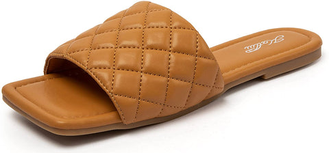 Women's Square Open Toe Flat Sandals Slip On Slide Sandals Woven Strap Flat Sandals