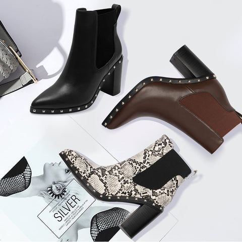 Women's Ankle Boots Pointed Toe Chelsea Boots Elastic Gore Heeled Boots