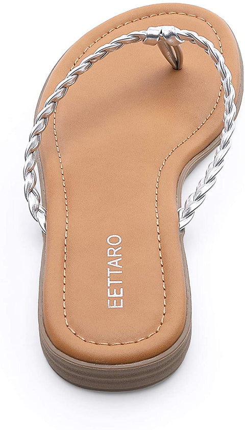 EETTARO Women's Braided Strappy Thong Flip Flops Slip-On Beach Sandals Casual Plaited Leather Slippers