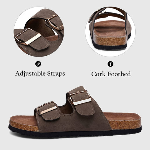 mysoft Womens Slide Sandals Cork Footbed，2 Straps Adjustable Buckle Slip on Sandals with +Comfort Arch Support