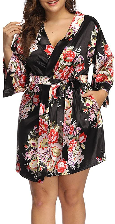 Plus Size Robes for Women Wrap Floral Print Satin Sleep Lounge Kimono Robe