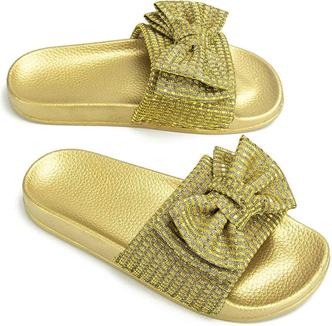 Comfort Flat Sandals for Women Cute Glitter Bow Casual Beach Slip On Dress Shoes Fashion Platform Footbed Slide Slippers Open Toe