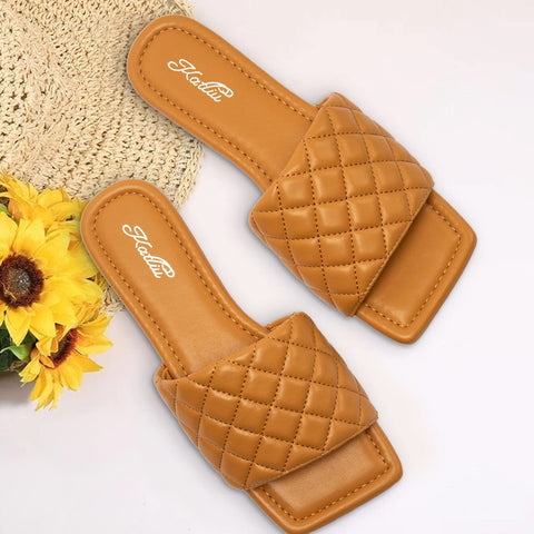 Women's Square Open Toe Flat Sandals Slip On Slide Sandals Woven Strap Flat Sandals