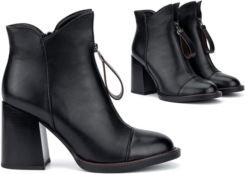 Torgeis Women’s Davina Fashion Casual Faux Leather Zipper Heel Ankle Boots, Almond Toe, Rubber Outsole