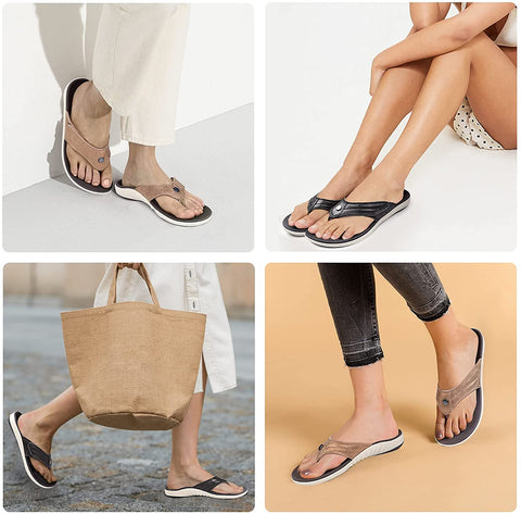 Womens Leather Strap Flip Flops with Arch Support, Plantar Fasciitis Orthotics Sandals, Non-Slip Casual Flip-Flops