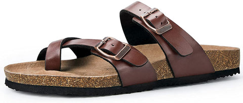 mysoft Women's Cork Footbed Sandal Slip On, Double Buckle Slide Sandals with +Comfort Arch Support