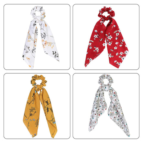 AWAYTR Chiffon Ponytail Hair Scarf Scrunchies - 4 Packs Flower Cashew Leopard Ripple Point Elastic Hair Ties Bow for Women (White + Grey + Turmeric + red)