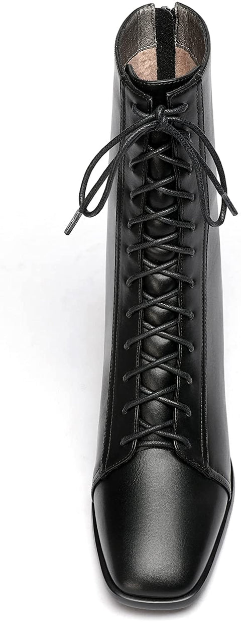 WAYDERNS Women's Square Toe Lace Up Matte Zipper Chunky Low Heel Ankle High Boots Short Booties 2 Inch