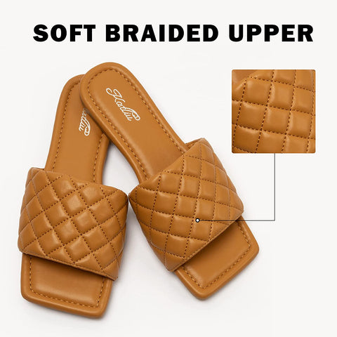 Women's Square Open Toe Flat Sandals Slip On Slide Sandals Woven Strap Flat Sandals