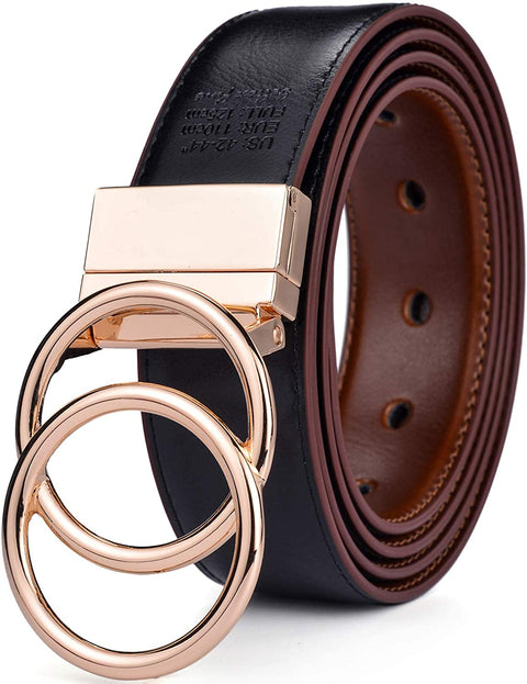 Beltox Women Belt Leather 1.3” Reversible 2 in 1 Rotated 2 Rings Gold Buckle
