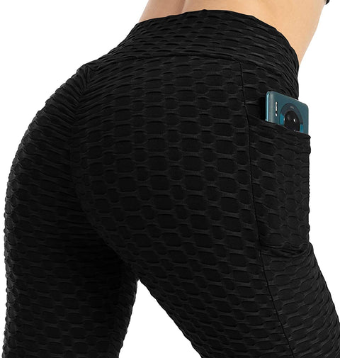 Women's Bubble Hip Butt Lifting High Waist Leggings Honeycomb Textured Tummy Control Yoga Pants Pocket Sport Tights