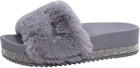 EETTARO Women's Fuzzy Slippers Faux Fur Slides Open Toe Fluffy Platform Sandals Slip on Indoor Outdoor Shoes