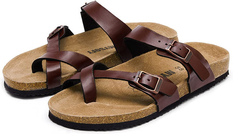 mysoft Women's Cork Footbed Sandal Slip On, Double Buckle Slide Sandals with +Comfort Arch Support