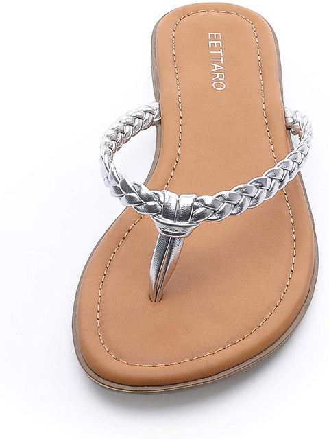 EETTARO Women's Braided Strappy Thong Flip Flops Slip-On Beach Sandals Casual Plaited Leather Slippers