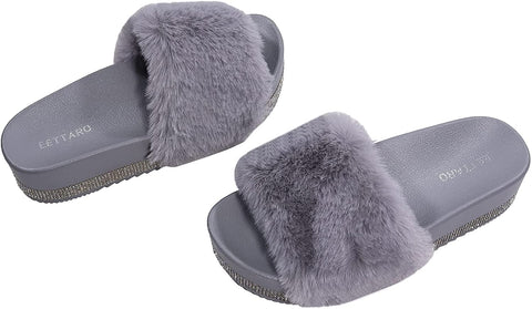 EETTARO Women's Fuzzy Slippers Faux Fur Slides Open Toe Fluffy Platform Sandals Slip on Indoor Outdoor Shoes